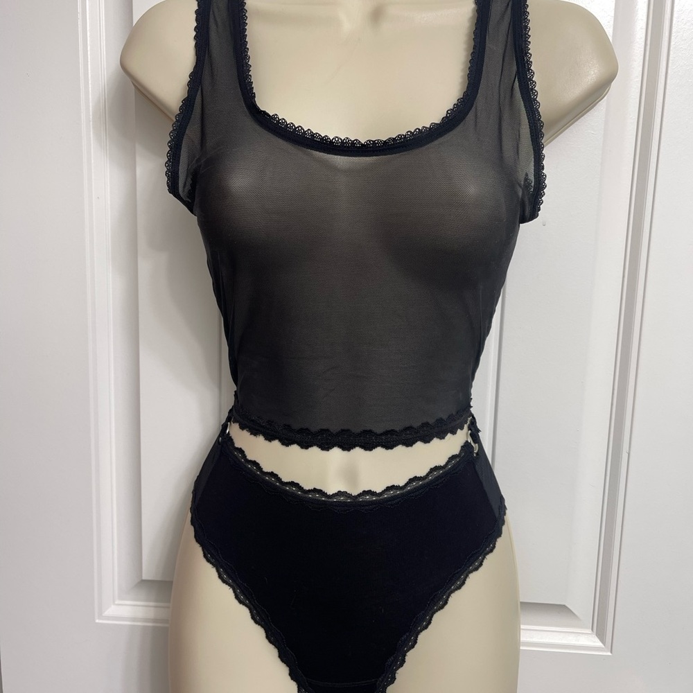 Blush Black Sheer Lace Chemise, Panty, Skirt Set